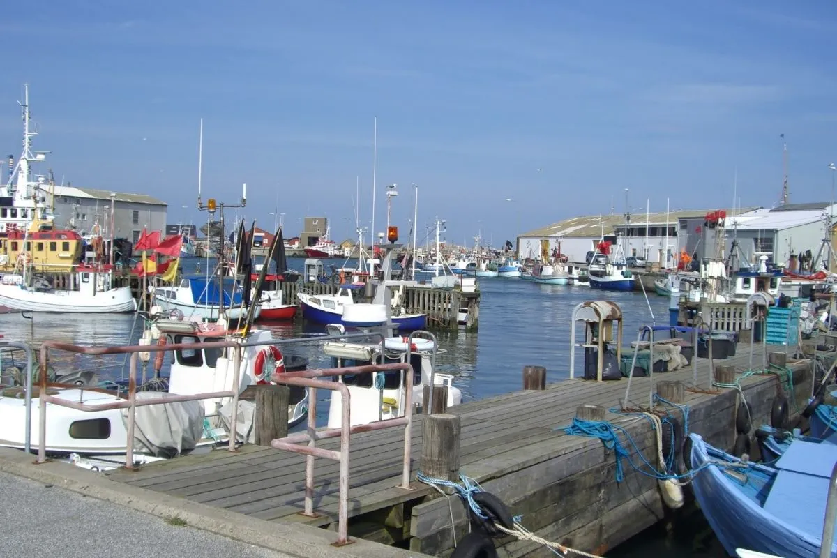 Fishing boats moored in Hirtshals harbour with the town's low buildings behind