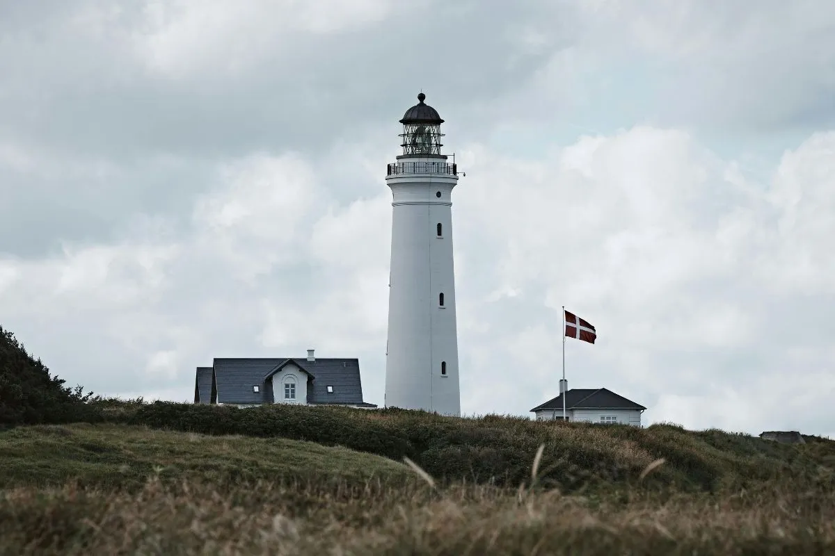 The lighthouse at Hirtshals standing above the dunes on the North Sea coast